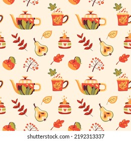 Seamless autumn pattern with hot drinks, fall leaves, candles and berries. Warm hygge aesthetics. Cute colorful background. Flat cartoon hand-drawn style