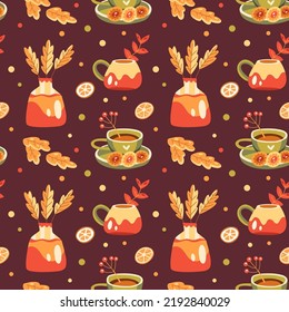Seamless autumn pattern with hot drinks, cookies, fall leaves and berries. Warm hygge aesthetics. Cute colorful background. Flat cartoon hand-drawn style