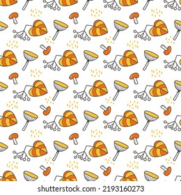 Seamless autumn pattern with the image of a mushrooms and a berries on a white background. Abstract geometric texture. Cute style for the design of gift packages and textiles.