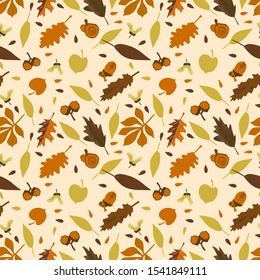 Seamless autumn pattern with leaves, acorns. Brown, orange vector hand drawn illustration. Desing textile, fabric, wallpaper. Cute creative children template.