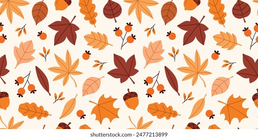 Seamless autumn pattern with leaves, acorns, berries