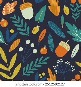 Seamless autumn pattern with leaves, acorns, berries on dark blue background. Abstract fall background with scribble textures. Trendy doodle style. For textiles, fabrics, fabric, covers, wallpaper