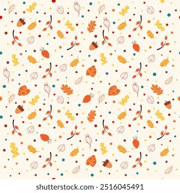 Patrón de otoño sin fisuras con hojas, bellotas, bayas. Lindos dibujos a mano alzada para crear un póster, tarjeta, Fondo de pantalla.