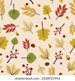 Seamless autumn pattern with leaves, acorns, berries
