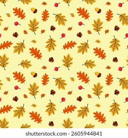 Seamless autumn pattern with leaves, acorns, berries. Rain, Vector