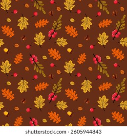Seamless autumn pattern with leaves, acorns, berries. Rain, Vector