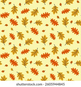 Seamless autumn pattern with leaves, acorns, berries. Rain, Vector
