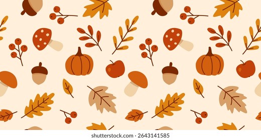 Seamless Autumn pattern with leaves, acorns, berries, pumpkins, mushrooms. Fall seasonal print. Vector illustration for fabric, textile, wallpaper, wrapping paper, cards