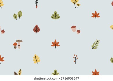 Patrón de otoño sin fisuras con hojas, bellotas y setas. Hojas de otoño en naranja, amarillo y verde. Lindas bellotas y setas esparcidas. Tema de otoño con hojas. Vector de ilustración de hoja.