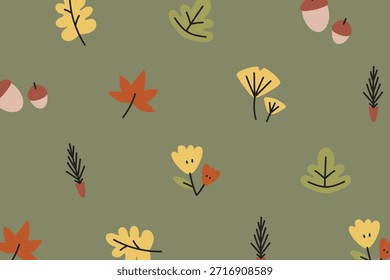 Patrón de otoño sin fisuras con hojas, bellotas y flores sobre un fondo verde. Diseño de temática otoñal con hojas de colores y bellotas. Perfecto para la decoración de otoño. Vector de ilustración de hoja.