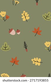 Patrón de otoño sin fisuras con hojas, bellotas y flores. Hojas de otoño y bellotas sobre un fondo verde. Perfecto para diseños y patrones de temática otoñal. Vector de ilustración de hoja.