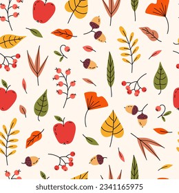 Seamless autumn pattern with leaves, apples, acorns, berries, flowers. Fall seasonal background. Hand drawn vector illustration.