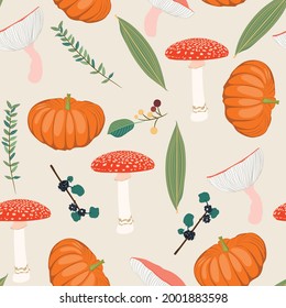 Seamless autumn pattern with leaves, berries, pumpkin, mushrooms and branches.