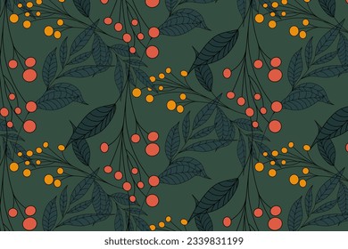 seamless autumn pattern of leaves and berries, bright vector illustration