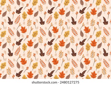 Seamless autumn pattern with leaves and berries. Seasonal vector background with leaf fall to create an autumn mood. Ideal for printing greetings, invitations, wrapping paper and textile prints.