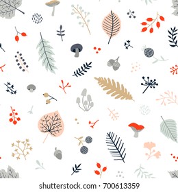 Seamless autumn pattern with leaves, berries, mushrooms and branches.Vector