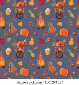 Seamless autumn pattern with leaves, bonfire and trolley