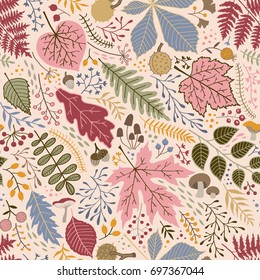Seamless autumn pattern of leaves, branches and berries.Vector