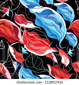 Seamless autumn pattern from leaves and buds on a black background