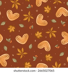 Seamless Autumn Pattern with leaves and buns. Vector.
