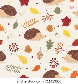 Seamless Autumn Pattern with Leaves and Hedgehog. 