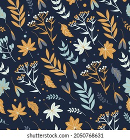 Seamless autumn pattern with leaves, herbs and flowers in earthy tones on a dark background, flat style. For wallpaper, printing on fabric, wrapping, background, clothes.