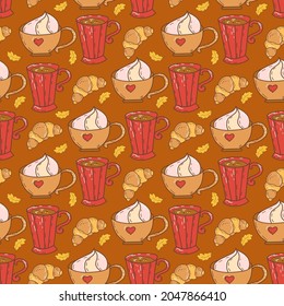 Patrón otoño sin foco con hojas de otoño, bebidas calientes, café, cacao y croissants. Ilustración vectorial para papel de embalaje, textiles, banners