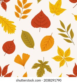 Seamless autumn pattern with leaves of maple, oak, linden, ash, poplar, ginkgo. Vector illustration on white background. Foliage print for fabric, package, wrapping. Red, orange, yellow, green colors.