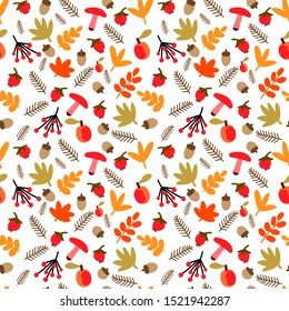 Seamless autumn pattern with leaves, mushrooms, Christmas tree needles, forest apples, acorns, viburnum isolated on the white background. Vector.