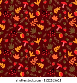 Seamless autumn pattern with leaves, mushrooms, Christmas tree needles, forest apples, acorns, viburnum on the brown background. Vector.