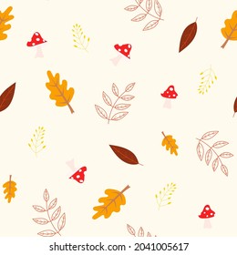 seamless autumn pattern with leaves, mushrooms and branches. Background for textile, book covers, wallpapers, design, graphic art, printing, hobby.