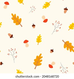 Seamless autumn pattern with leaves, mushrooms, branches and berries. Background for textile, book covers, wallpapers, design, graphic art, printing, hobby. Vector illustration