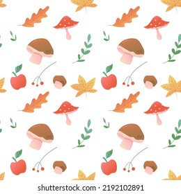 Patrón otoñal sin foco con hojas, hongos y manzanas sobre un fondo blanco. Perfecto para papel pintado, diseño textil, papel de regalo, relleno de patrones, fondo de página web, tarjetas de felicitación otoño.