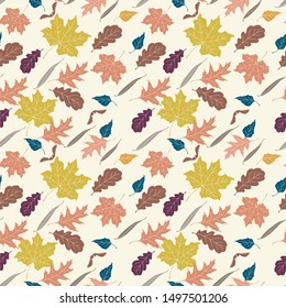 Seamless autumn pattern of leaves oak, maple, birch, willow. Background of trendy colors leaves. Illustration for textile, wrapping paper, card, invitation, wallpaper - Vector