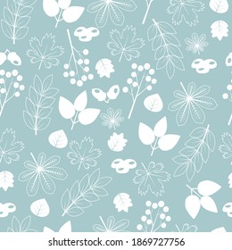 Seamless autumn pattern with leaves of oak, maple, berries, chestnuts and acorns. White and white-edged elements on a light background