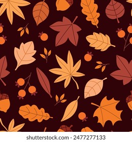 Seamless autumn pattern with leaves on a dark background