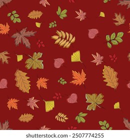Seamless autumn pattern with leaves on red background