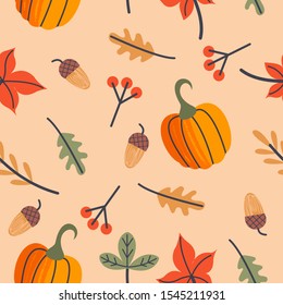 Seamless autumn pattern. Autumn leaves, orange pumpkins, berries and acorns. Vector illustration.