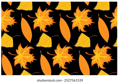 Seamless autumn pattern with leaves orange on dark background vector illustration
