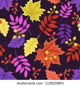 Seamless autumn pattern with leaves. Vector Colorful background for wallpaper, gift paper, greeting cards, wrapping, textile, print. 