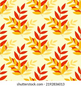 Patrón de otoño sin foco con hojas en colores cálidos, rojo brillante, naranja y amarillo. Diseño vectorial dibujado a mano. Antecedentes para la reserva de recortes, papel textil o papel de pared.