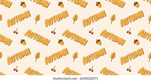 Padrão de outono sem costura com letras, bolotas, folhas e bagas. Design de papel digital vetorial de desenhos animados 