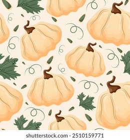 seamless autumn pattern with light round pumpkins with pumpkin seeds and pumpkin leaves on a light background, vector	