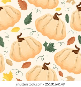 seamless autumn pattern with light round pumpkins with autumn various leaves and pumpkin leaves on a light background, vector