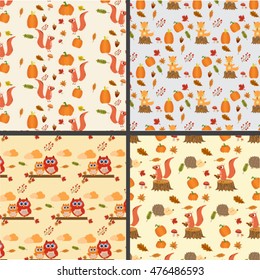 Seamless autumn pattern  with little fox ,pumpkins,owls,squirrel,hedgehog,mushroom vector.illustration EPS 10.