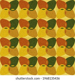 Seamless autumn pattern made up of abstract foliage-like shapes. Green, brown, yellow, beige.