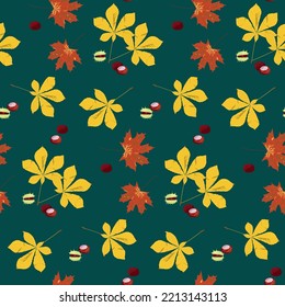 Seamless autumn pattern with maple and chestnut leaves and plants on green background