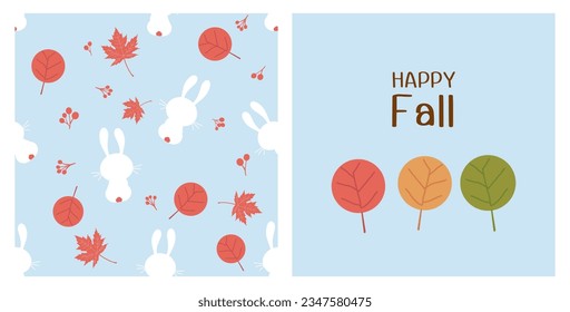 Seamless Autumn pattern with Maple leaves, red berry and white rabbit cartoons on blue background. Happy fall card vector illustration.