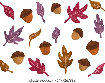 Seamless autumn pattern with maple leaves, acorns, fall season wallpaper background isolated in white