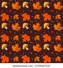 Seamless autumn pattern of maple leaves and dotted mushrooms on a dark background for seasonal designs